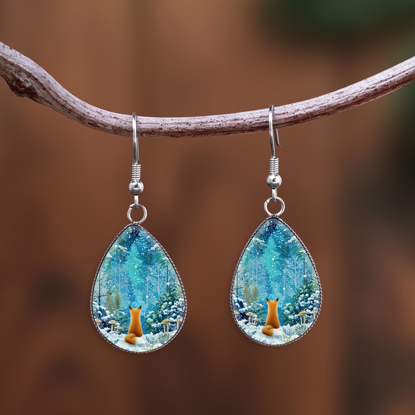 Winter Snowy Forest Red Fox Pattern Teardrop Earrings