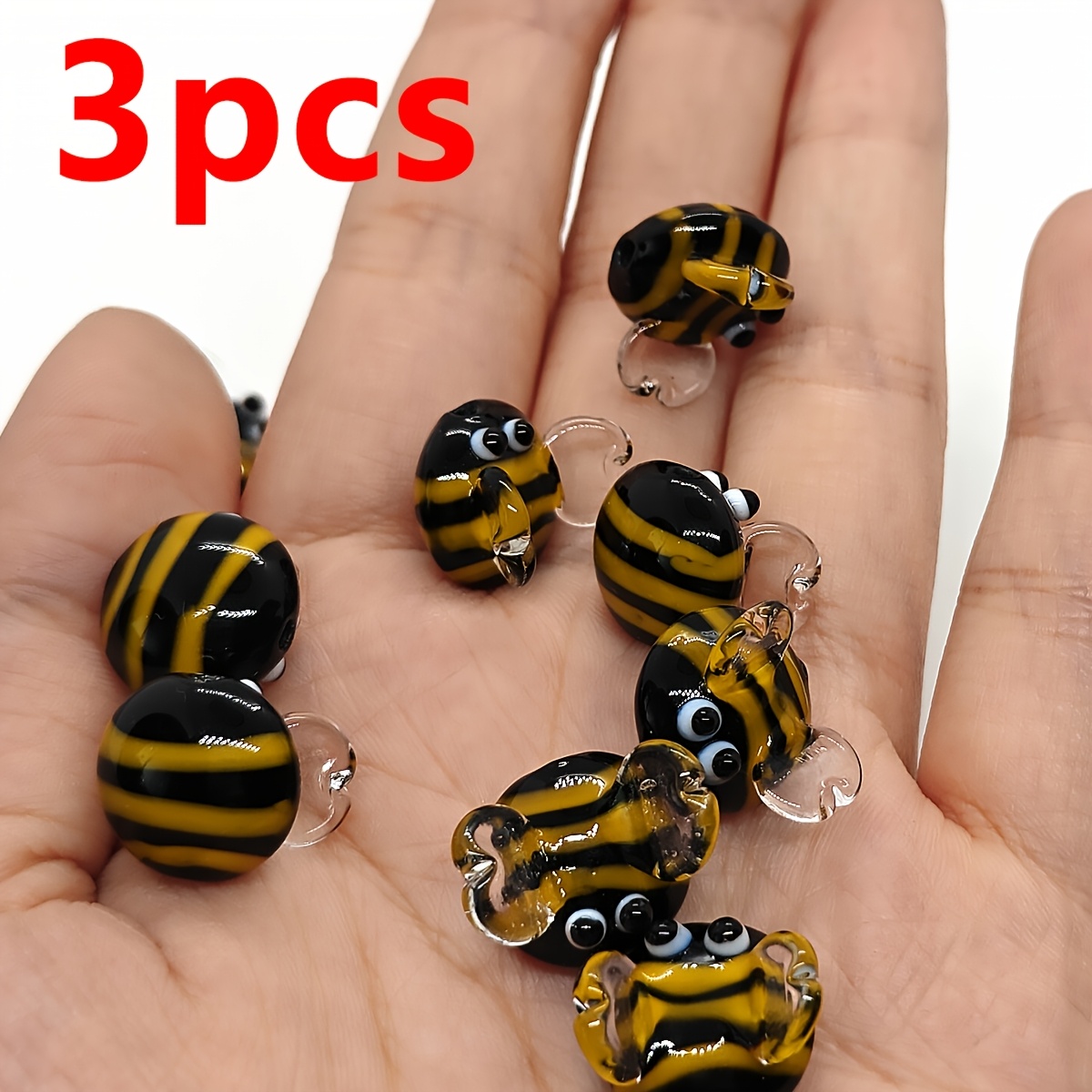 TEMU 3pcs Handmade Lampwork Glass Bee Beads - Small Round Yellow Honeybee Charms With Pre-drilled Holes, Suitable For Making, Nature Pendants For