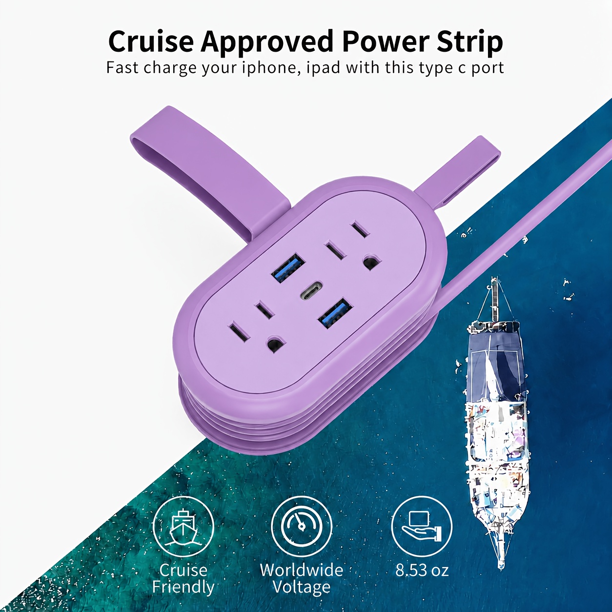 TEMU 4 Ac Portable Power Strip For Travel, Power Strip With 2 Usb-a & 1 Usb-c Charging Ports, Power Strip With 4. 2ft Wrapped Cord, Multi Outlet