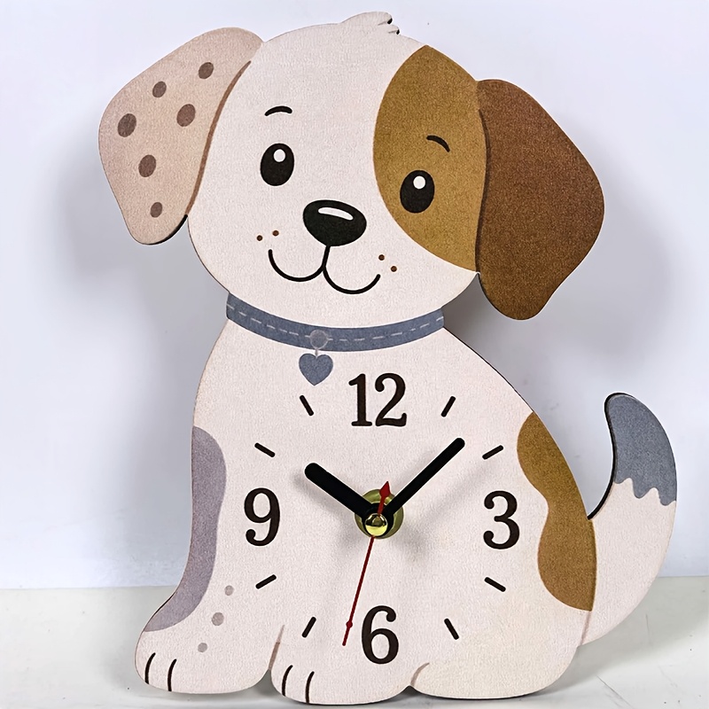 TEMU 1 pièce Horloge en bois mignonne avec chiot de dessin , Horloge d'ornement de bureau, Horloge décorative silencieuse , Convient pour chambre,