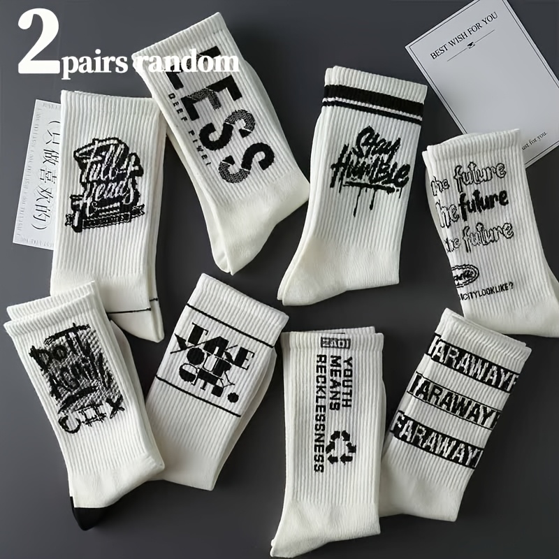 TEMU 2-pair Random Men's Trendy Letter Print Knee-high Socks, Fashionable And Versatile Sports Socks, Fashion Accessories