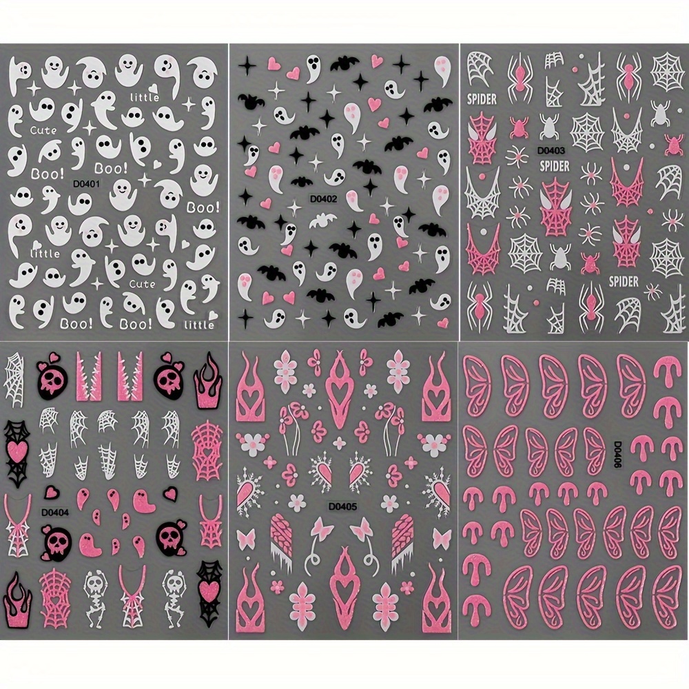6pcs Halloween Nail Art Sticker Set - 3d Pink Glitter, Shimmering Hearts, Cobwebs, & - Self-adhesive Y2k Decals For Diy Manicure, Halloween Decorations