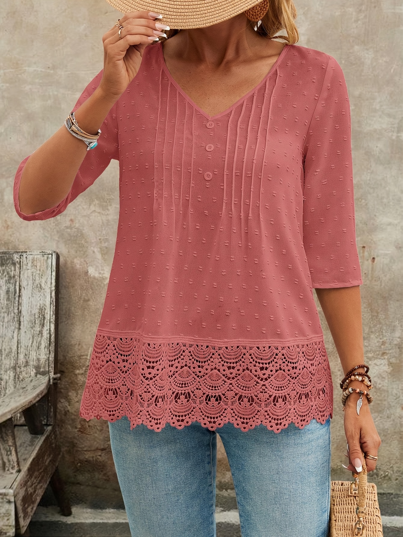womens elegant lace trimmed v neck blouse soft pink textured fabric loose fit short sleeve shirt machine washable for casual formal     sophisticated casual nontransparent fabric bean paste 0