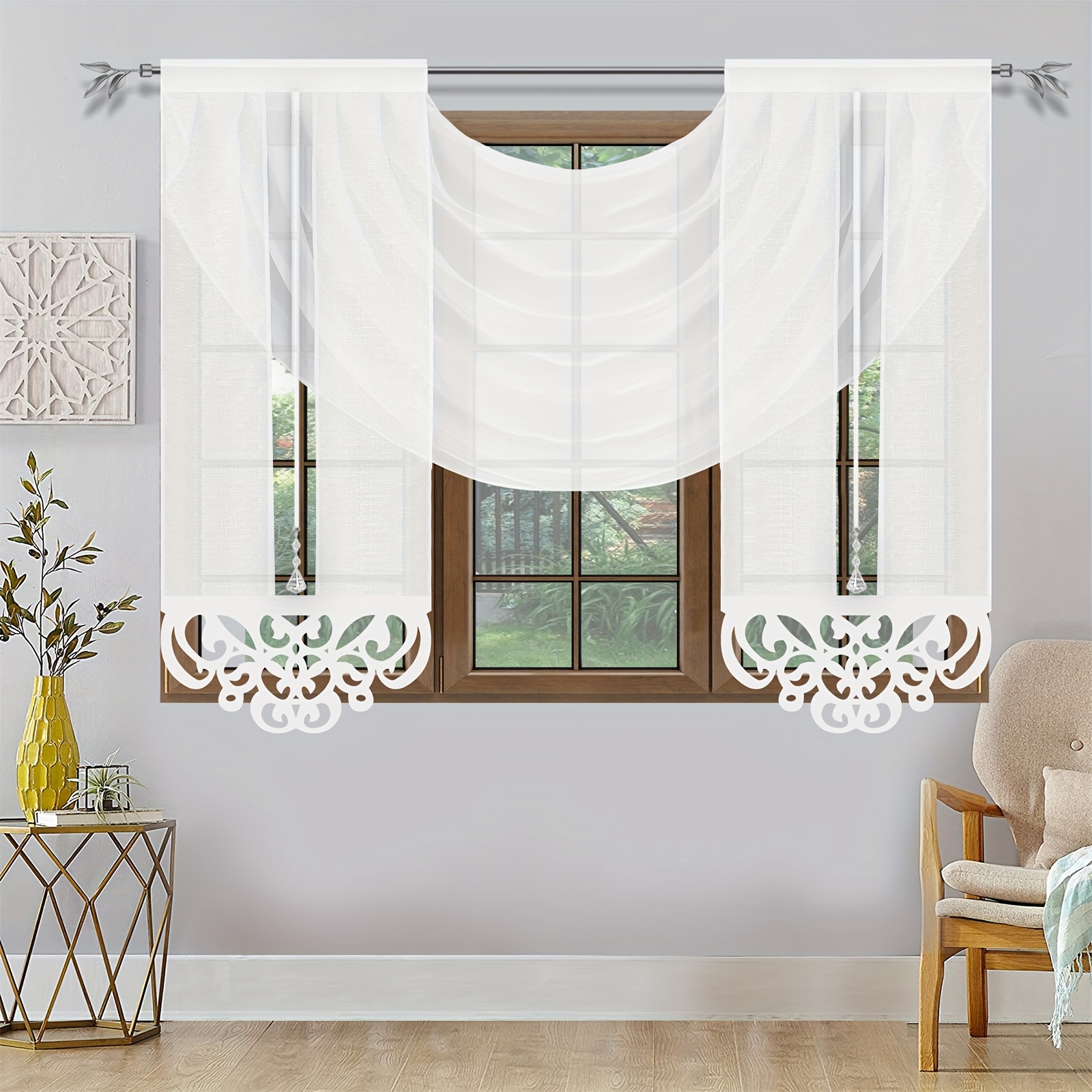 1set Carved Hollow Out Sheer Curtains Bedroom Living Room Window Decor