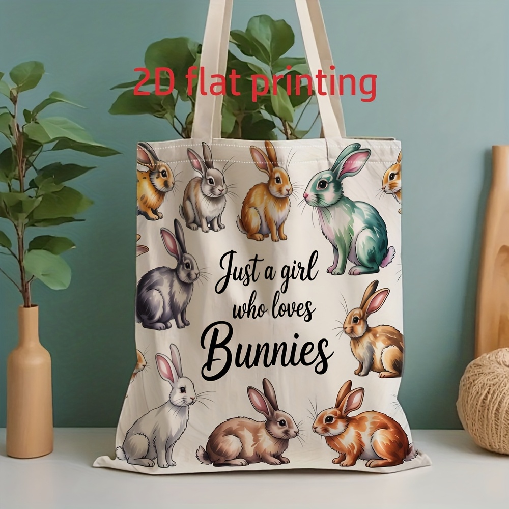 TEMU Men' Tote Bag - Unisex 2d Flat Print Cute Rabbit Letter Pattern Reusable Shoulder Handbag For Shopping Gym Stationery Book Bag - Birthday Gift