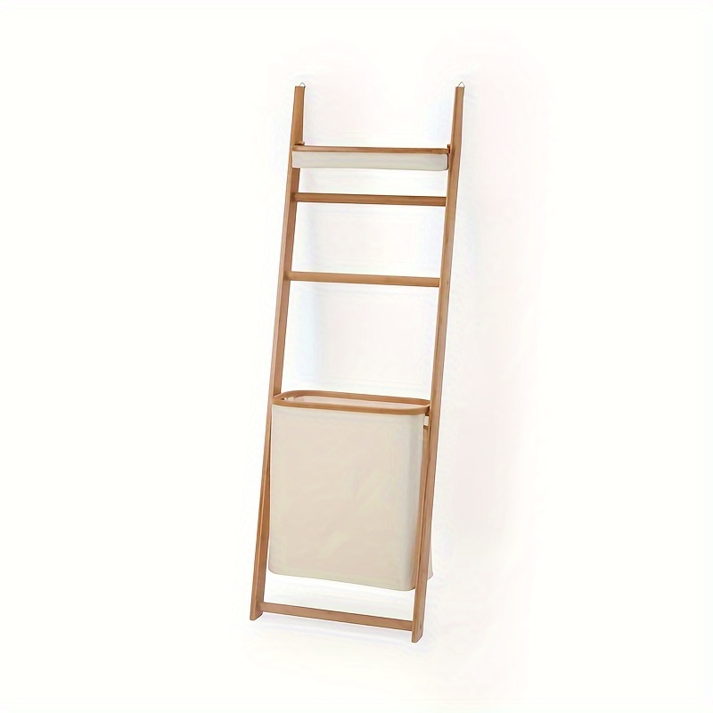 TEMU Japanese-style Bathroom Ladder Shelf With Oxford Fabric Storage, Freestanding Wooden Towel Rack Organizer For Bathroom Accessories