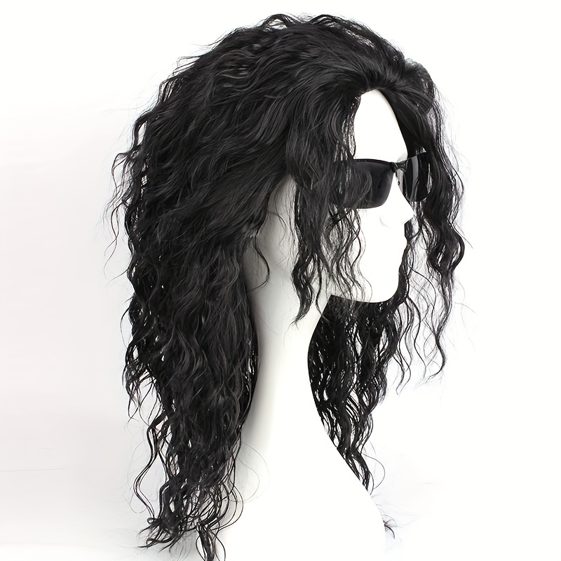 Image of Men's 70s-80s Rock Style Black Curly Wig - Wavy Synthetic Heat-resistant Wig, Perfect For Halloween, Music Festivals, Cosplay, And Costume Parties, Festival Hairpiece