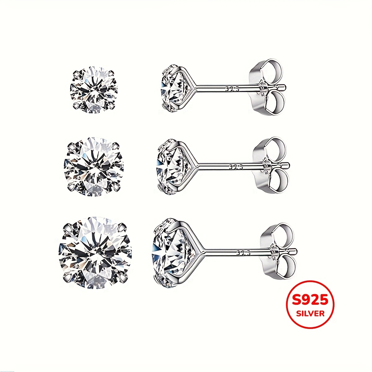 

3pcs 925 Silver Stud Earrings Set For Women 4mm 5mm 6mm