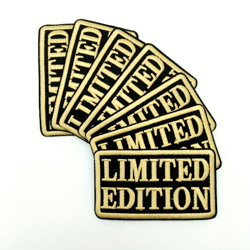Image of Set Of 7 Golden Letter Embroidered Patches, Featuring Motivational Quotes For Application On Garments, Caps, Denim, Bags, And More
