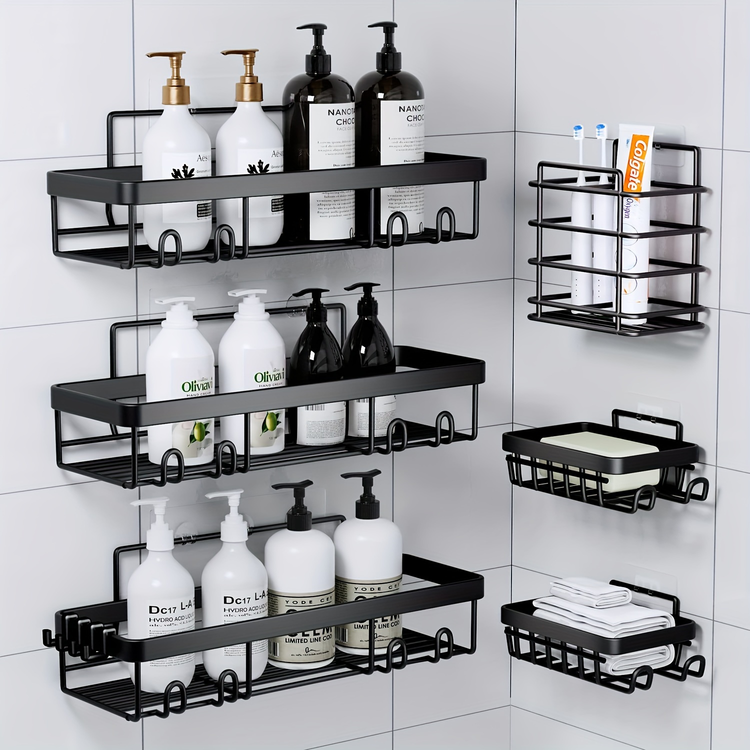 

6 Pcs-shower Caddy, Bathroom Shower Organizers, Black Shower Shelves For Inside Shower, Stainless Steel Wall Rack Baskets Adhesives Mounted Baskets, Bins & Containers