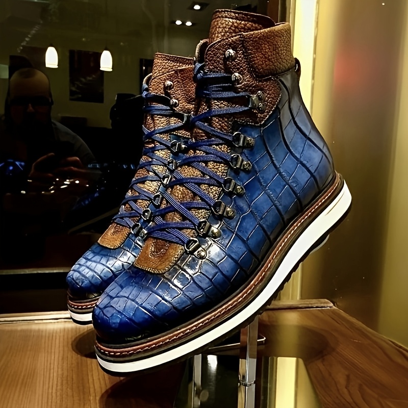 Image of Men's Blue Crocodile Embossed Hiking Boots, Luxury Lace Up Mid Top Combat Boots, Fashion Casual Outdoor Work Boots For Men Motorcycle Boots