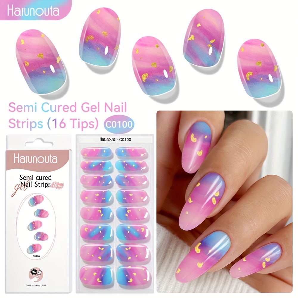 Harunouta 16strips Semi Cured Gel Nail Strips Purple Gel Nail Stickers Glitter Gradient Waterproof Nail Wraps Single Use Party Nail Art Decoration Home Manicure For Woman