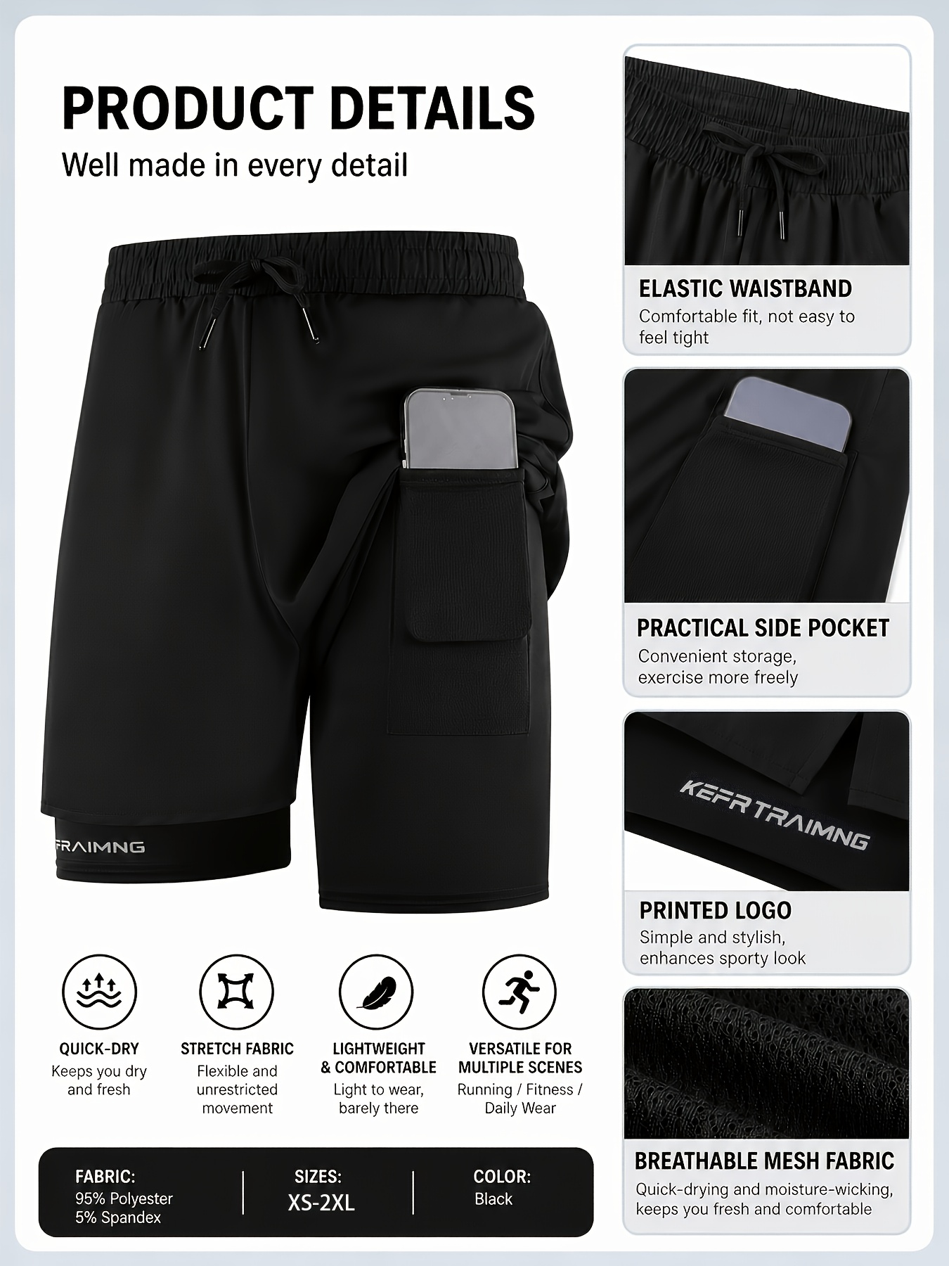 Conjunto de 3 Calções de Corrida 2-em-1 com Bolso para Telemóvel 7