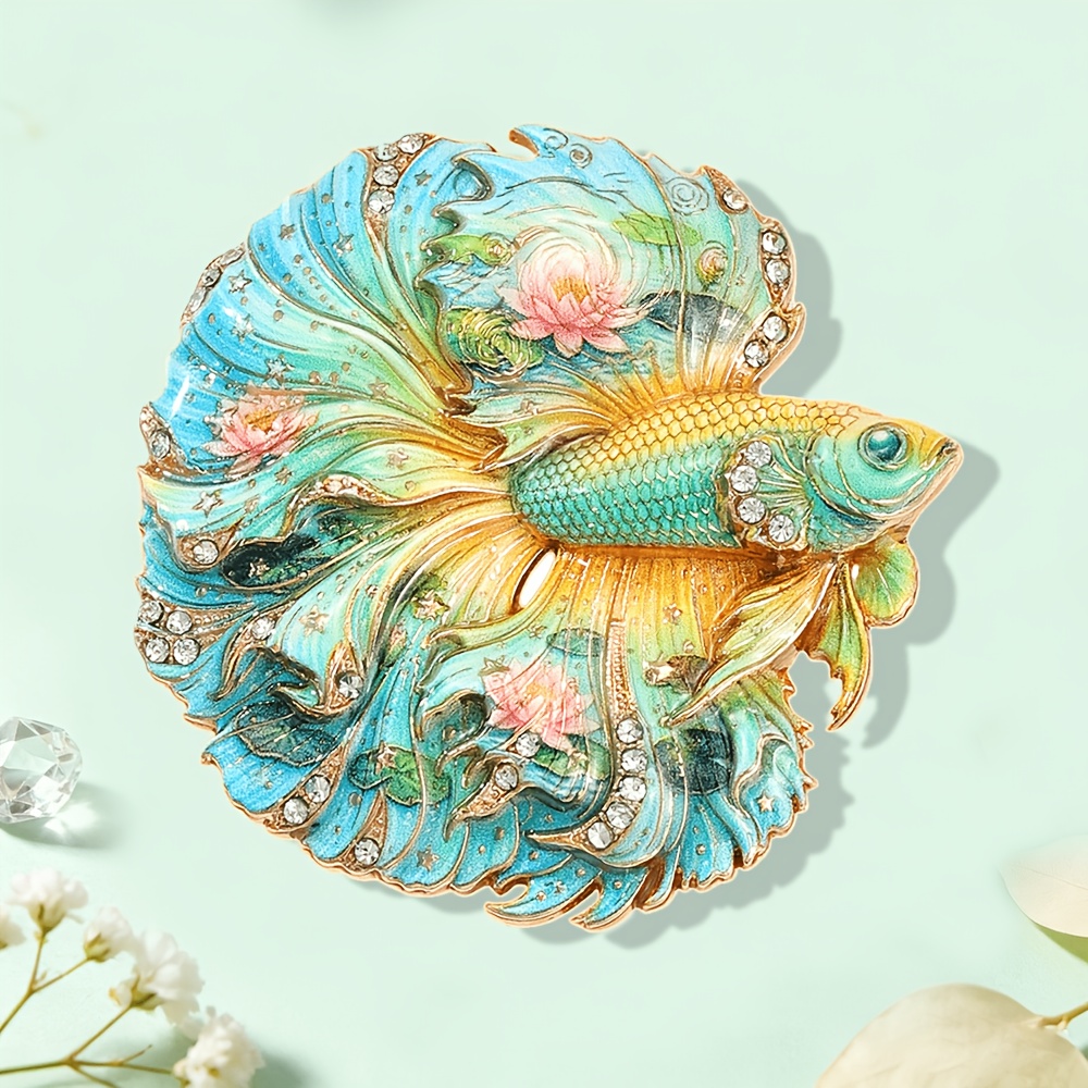 TEMU 1pc Solevdo Exquisite Betta Fish Enamel Brooch, Rhinestone-encrusted Gorgeous Fish-shaped Pin, Suitable For Suits, Cheongsams, Bags, Fashion