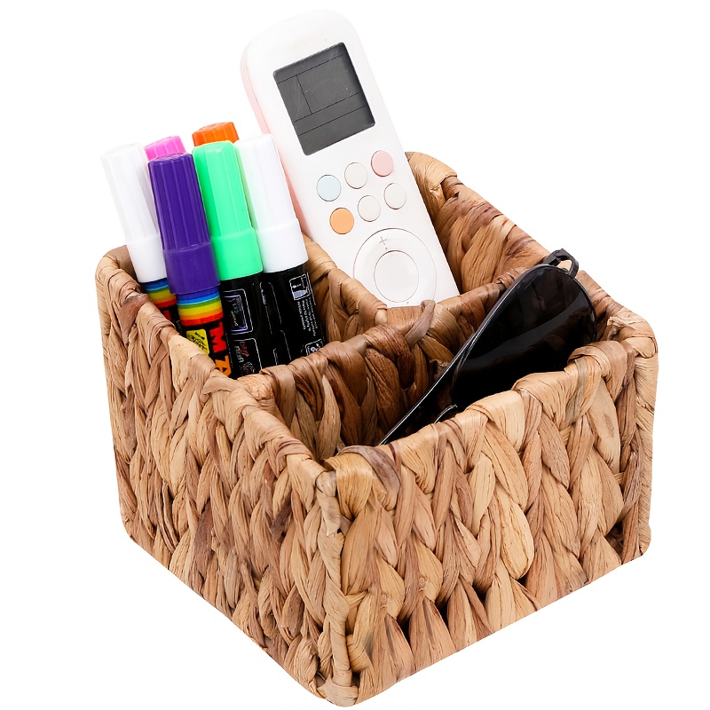 Remote Control Storage Desktop Clutter Organizer, Water Hyacinth Storage Basket With 3 Compartments, Cosmetic Storage Basket For Desk, Home Organization, Shelf Baskets