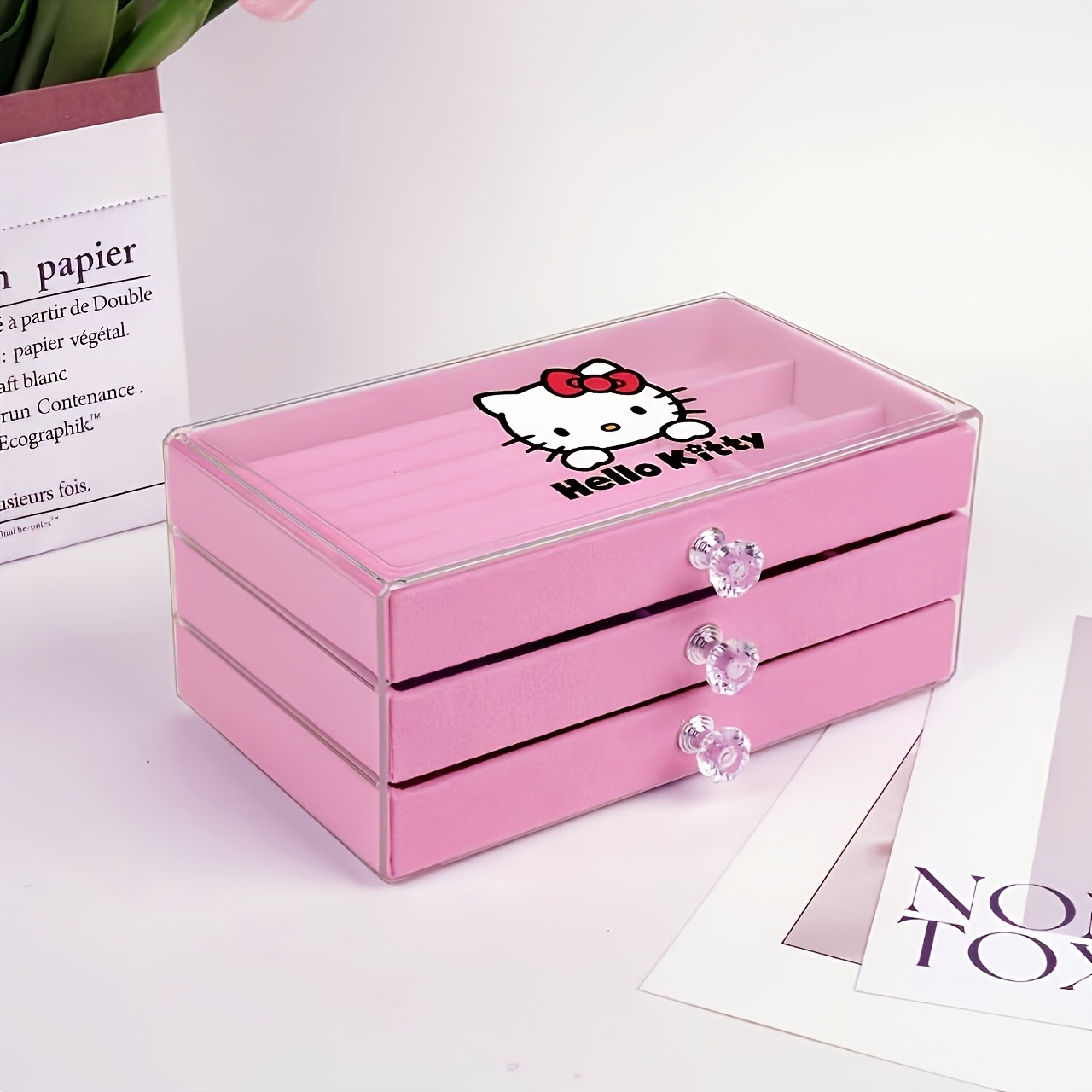 Image of Hello Kitty Acrylic Jewelry Storage Box With 3 Drawers, Stackable And Displayable, Can Store Rings, Earrings, Necklaces, Bracelets, Women's Jewelry Box, Jewelry Boxes