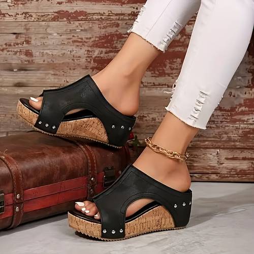 womens retro thick soled sandals open toe side hollowed out heel casual shoes comfortable wedge heeled shoes for summer