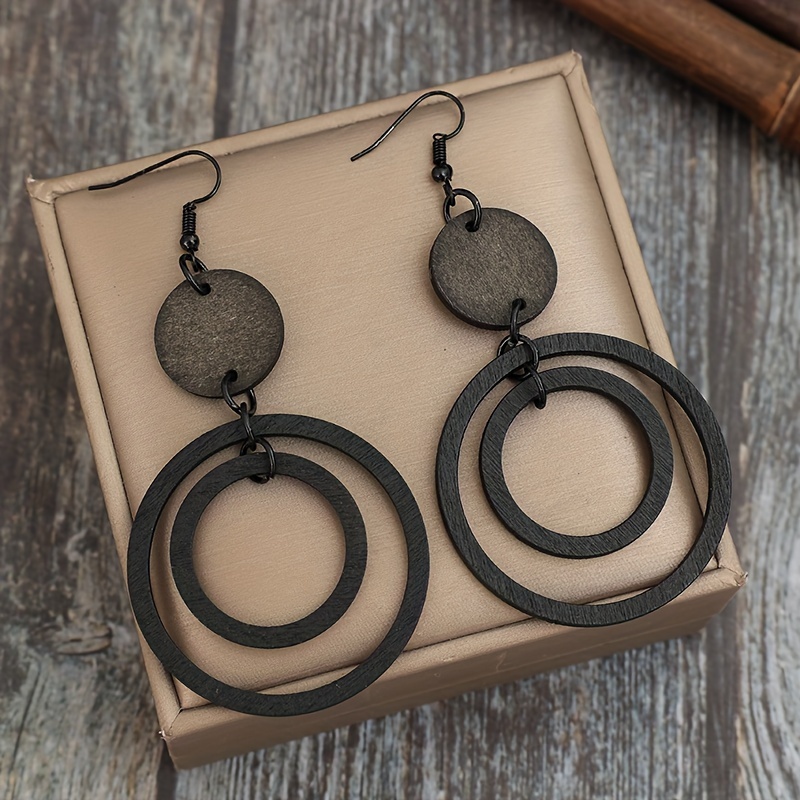 Image of Cross-border New Individual Retro Style Small Round Wood Piece Double-layer Hoop Wooden Earrings