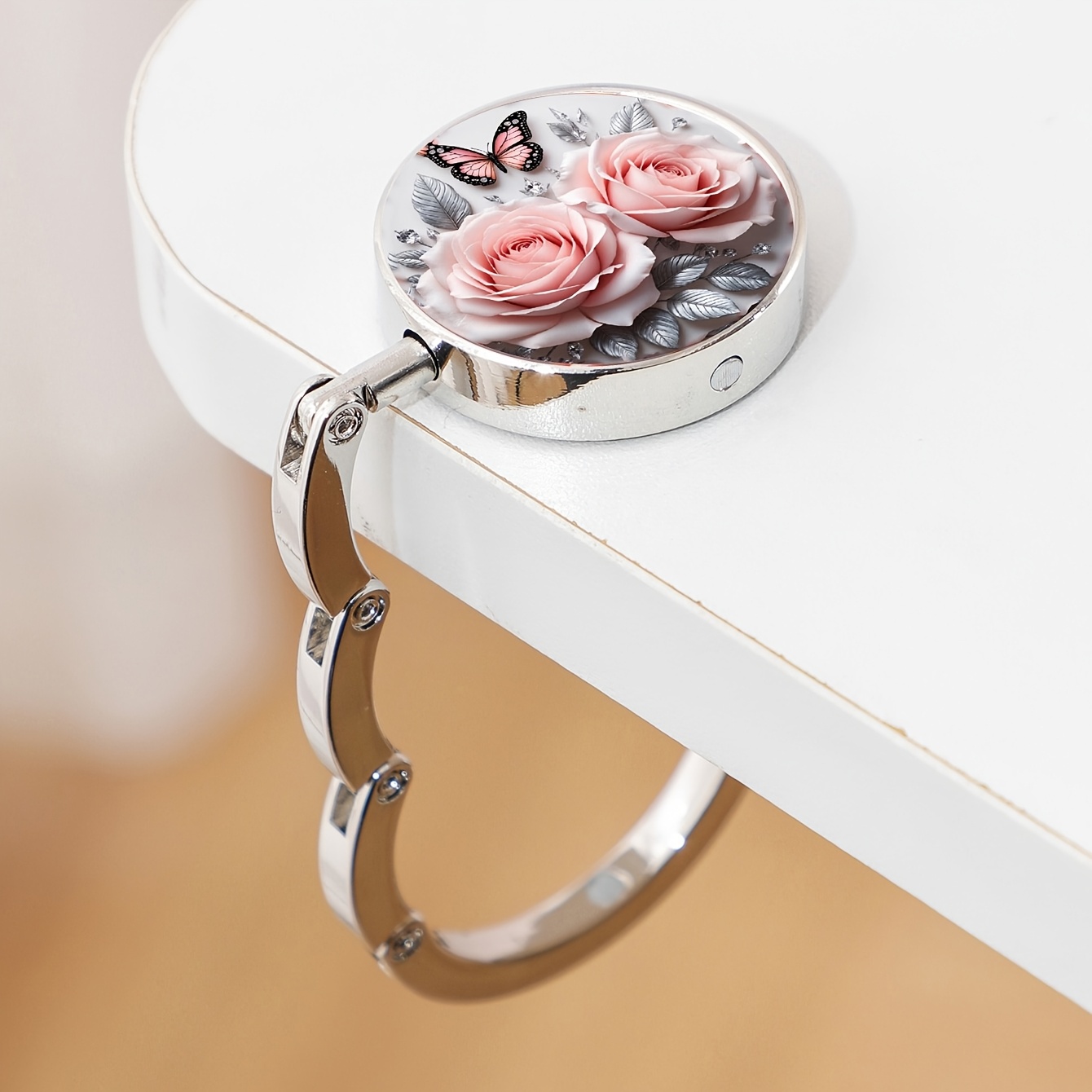 TEMU 2d Flat - 1pc 2d Retro Print Round Folding Bag Hook Creative Floral Cat Pattern Table Edge Bag Hanger Metal Portable Handbag Hook
