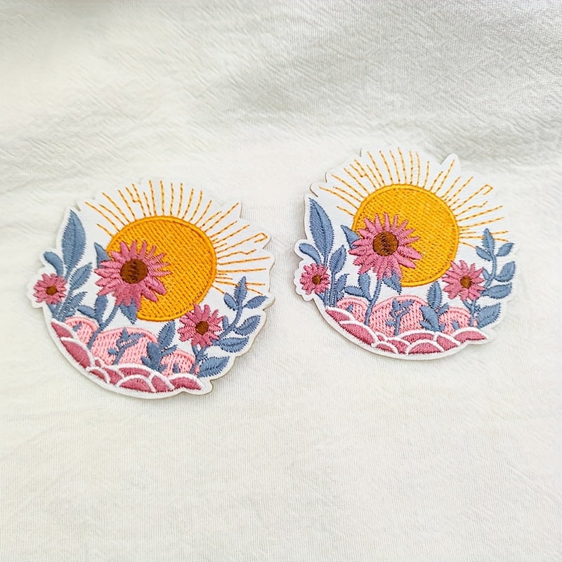 2pcs Fabric Patches With Flower And Sun Embroidery, Decorative Patches For T-shirts, Jackets, And Clothing Additions, Embellishments, Gift Patches