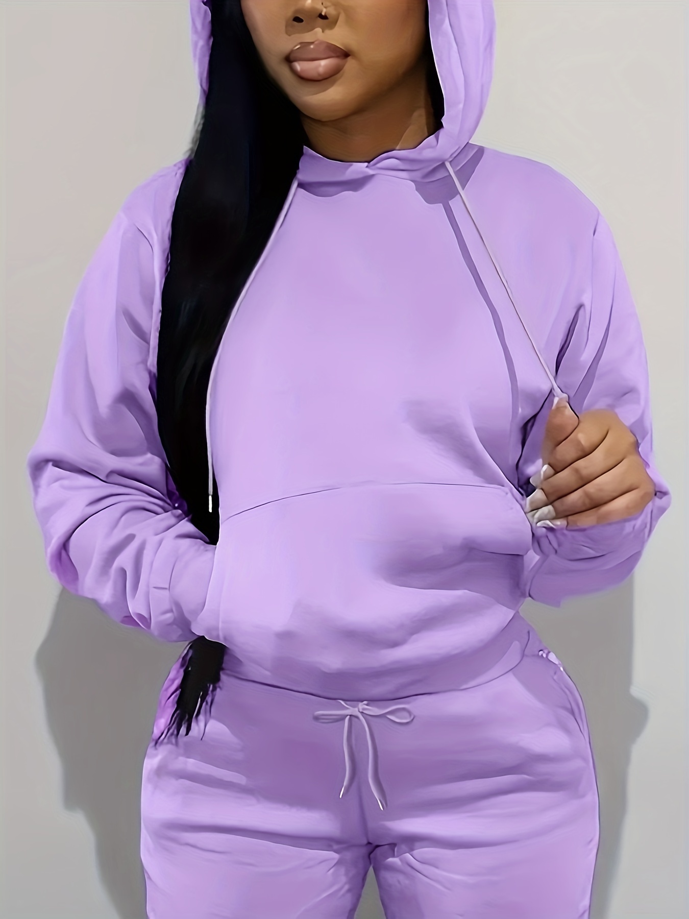 Women'S Solid Color Polyester Hoodie with Kangaroo Pocket, Fall Season Regular Length Pullovers, 100% Polyester Knit Fabric, 190g/m? - Cozy Casual Wear