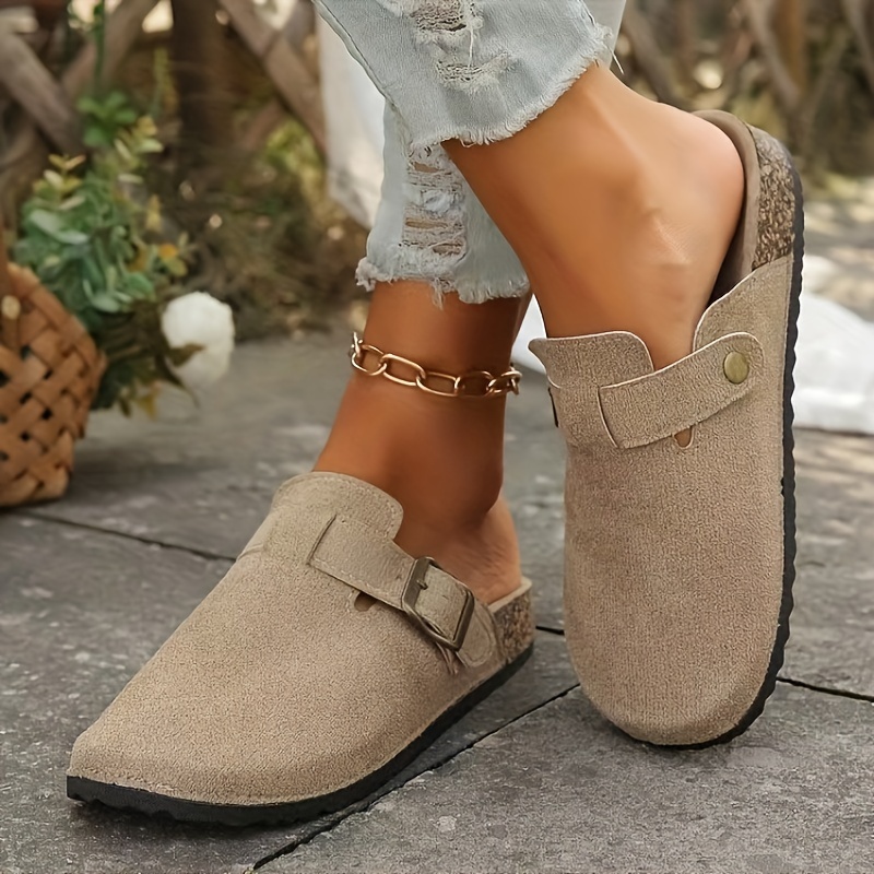

Women's Solid Color Flat Mules, Casual Closed Toe Slip On Shoes, Comfortable Buckle Strap Design Shoes