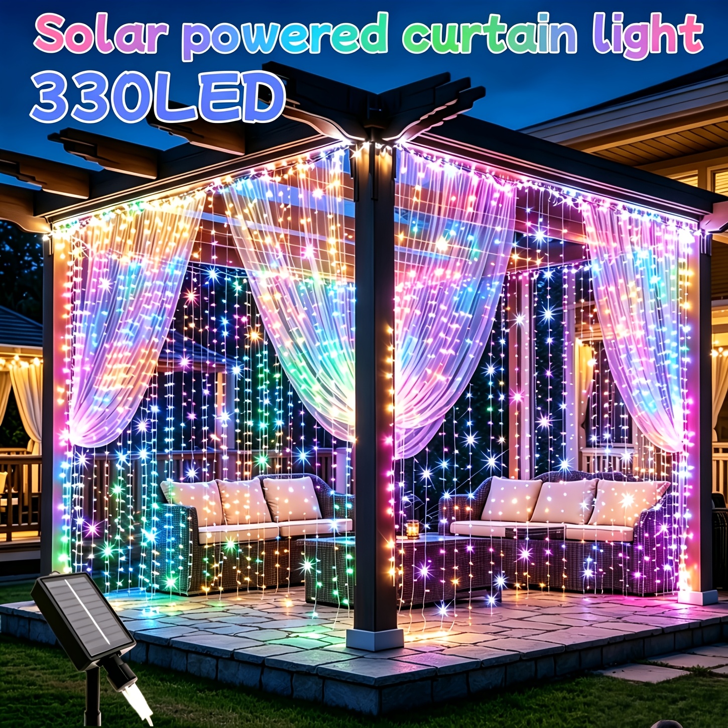 TEMU 330led Solar Curtain Light String With Rating, 8-mode Outdoor Suitable For,, Wedding & Decorations, Curtain With Dimmer, Plug-and-play