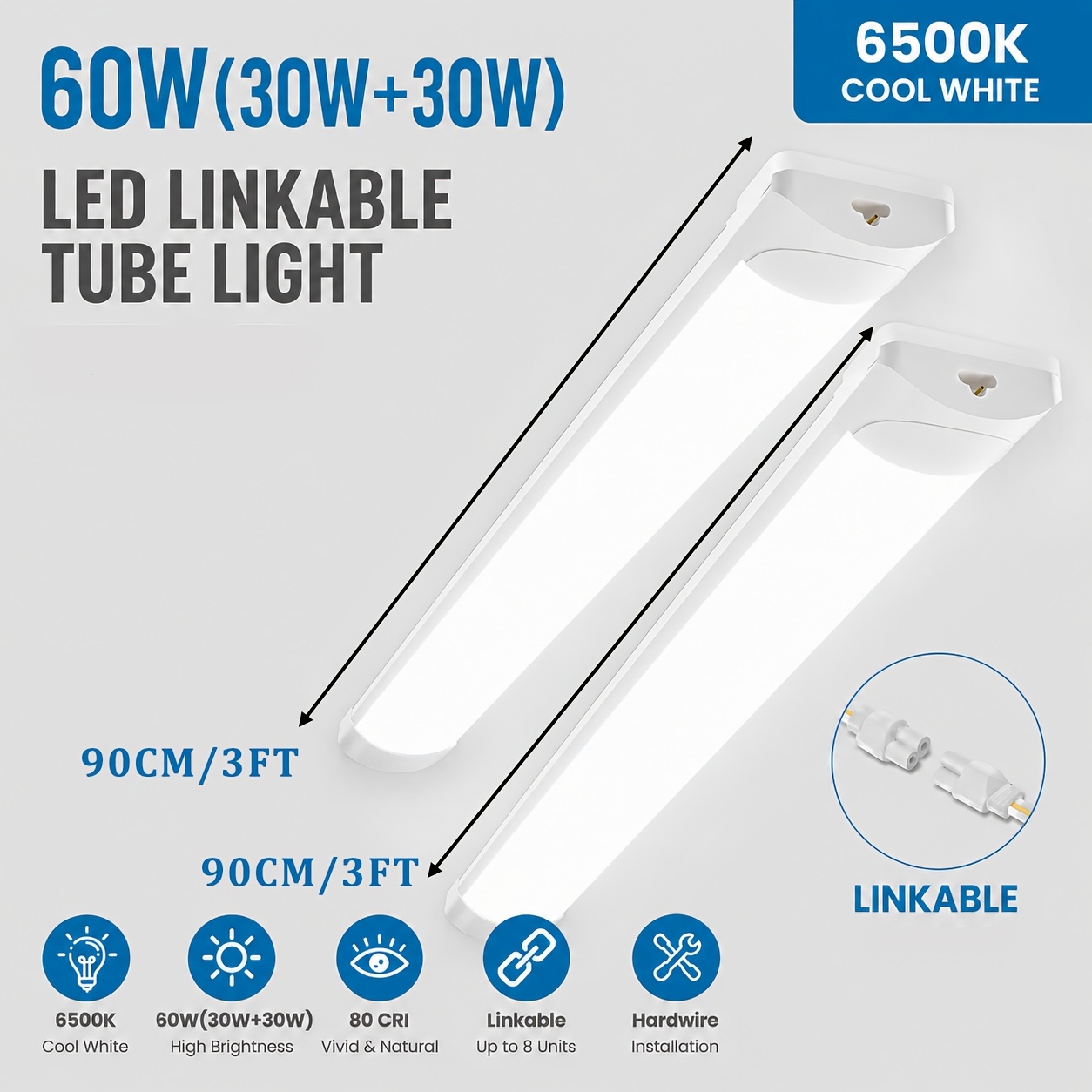 TEMU 2pcs Led Tube Lights, Lights, Led Ceiling Lights, 6500k Cool White Light, 50w(20w+30w) Combination Set/60w(30w+30w) Combination Set, Design,
