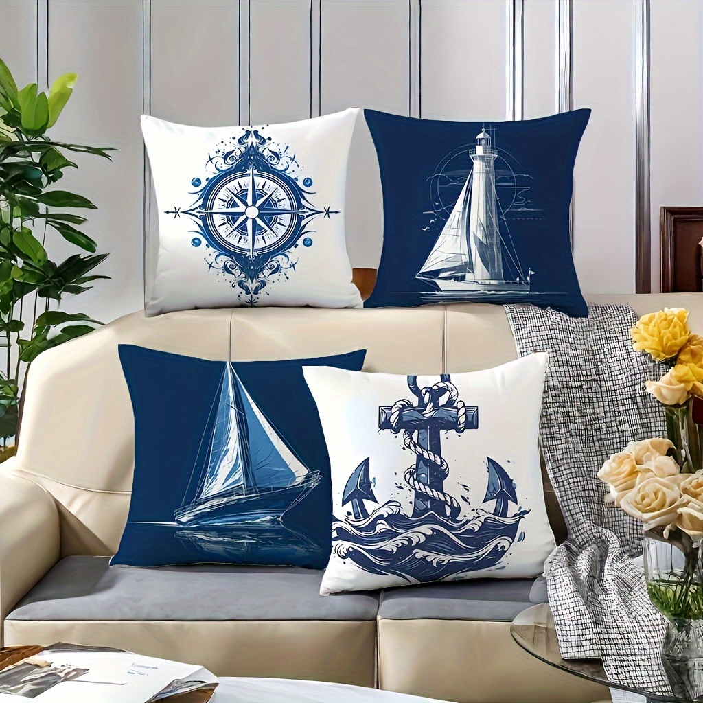 

4pcs Ocean-themed Throw Pillow Covers Set - With , Boat & , Soft Polyester, Hand Washable, Modern Zippered Cushion Cases For Living Room Decor (inserts Not Included), Decorative Pillows