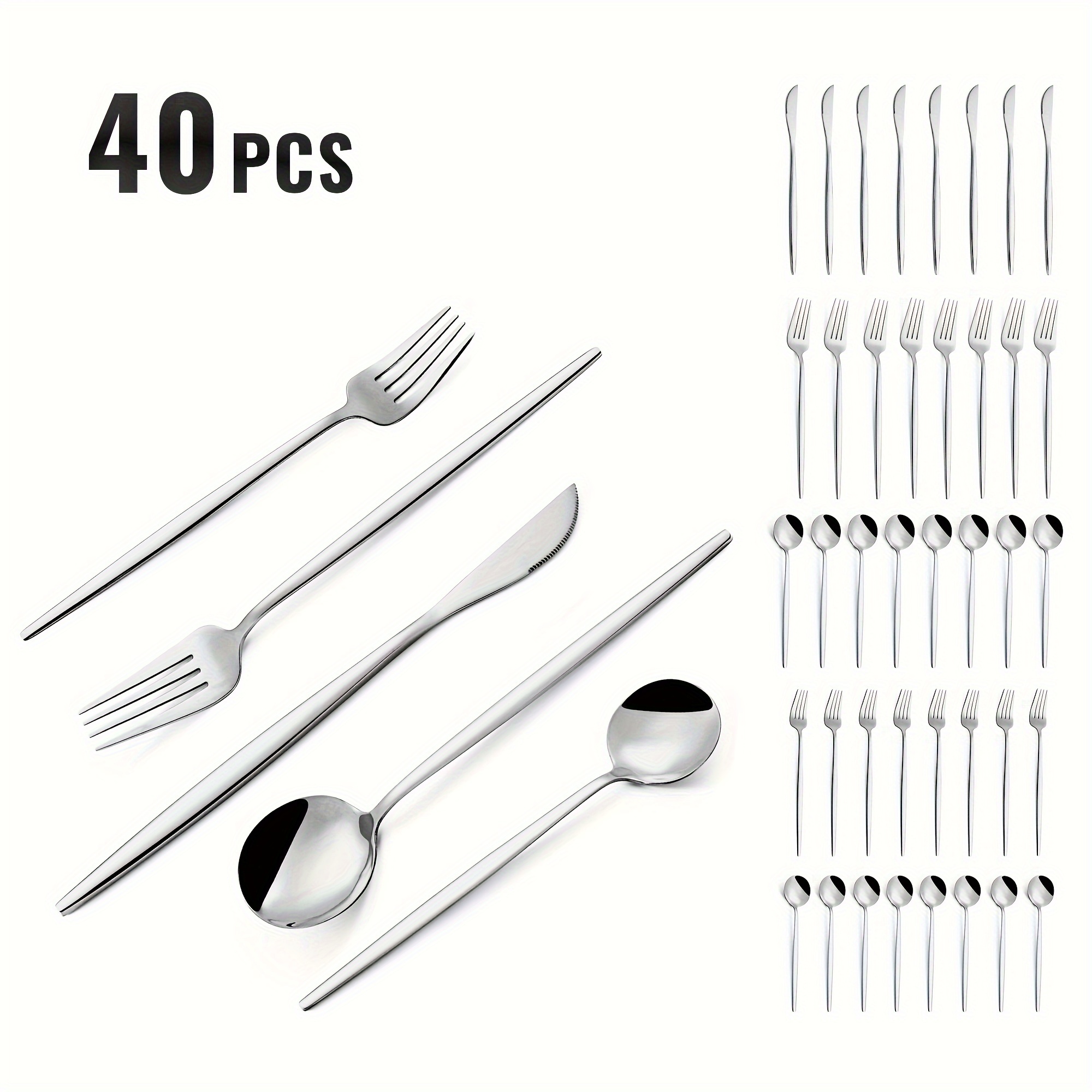 

40pcs, Silvery Cutlery Set, Heavy Duty Stainless Steel 8 Person Cutlery Set, Silvery Modern Kitchen Tableware With Handle, Spoon Fork Knife Included, Silvery, Kitchen Supplies