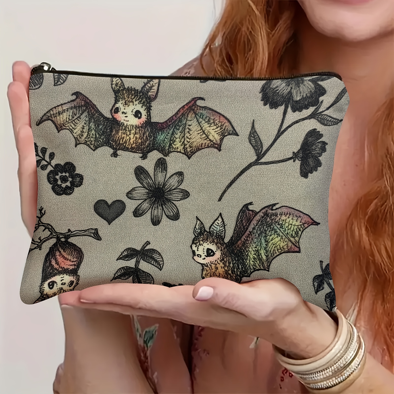 

Whimsical Bats & Flowers Canvas Makeup Bag - Gray Pouch With Colorful Bat & , Hand Washable, Or Small Essentials, Unique Holiday Gift Idea