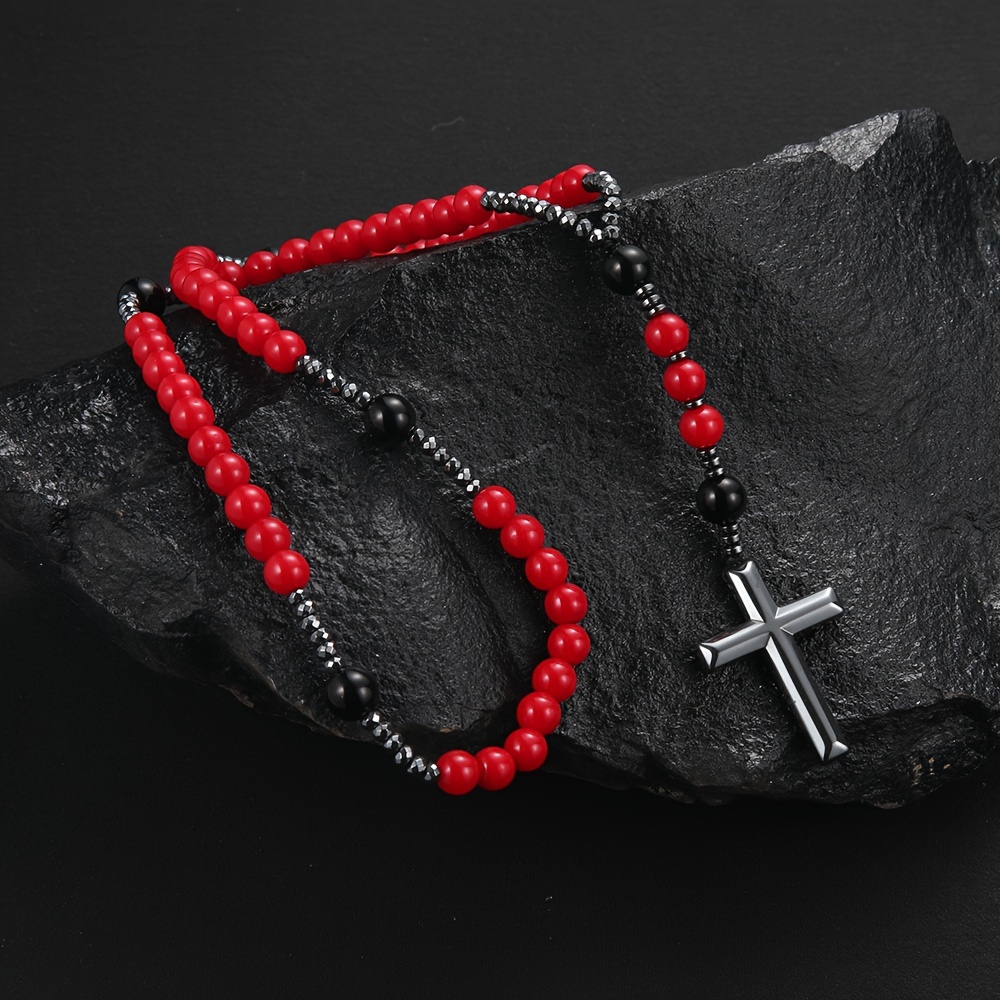 

Red Beads Cross Pendant Necklace For Men And Women