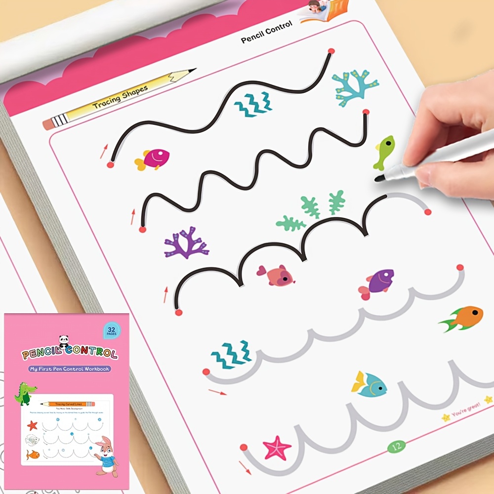 32-page Preschool Pen Control Tracing Workbook, Line & Pattern Practice Activity Book, Early Learning Educational Supplies For Kids' Fine Motor Coordination And Handwriting Readiness