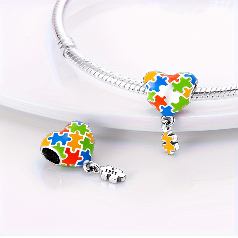 

1pc Puzzle Pattern Heart Pendant Beads Suitable For Women's Bracelets, Necklaces, Keychains 925 Silvery Pendant Beads Gift