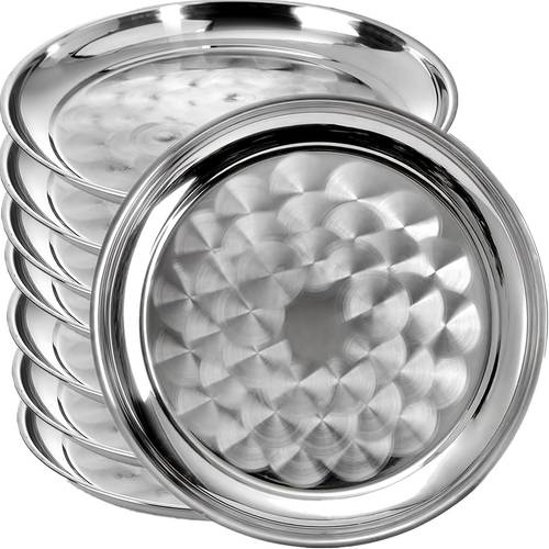 Collection of 8 Round Stainless Steel Trays, 12-Inch , Durable Metal Display Trays Ideal for Coffee Tables, Bars, Parties, Clubs, Homes, And Footstools