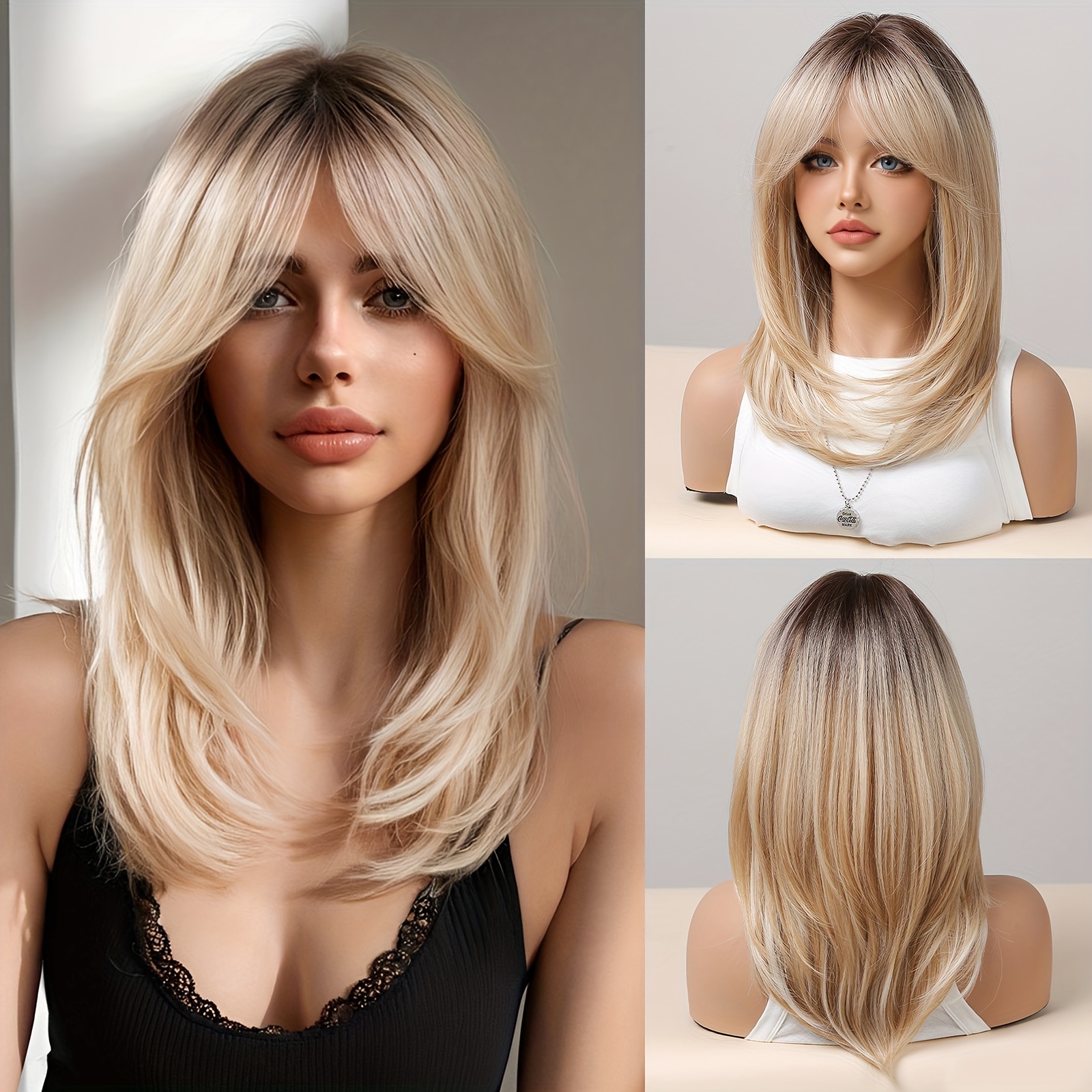 

20 Inch Short Ombre Blonde Brown Straight Bob Wigs For Women Cute Bob Layered Mixed Blonde Looking Straight Hair Wigs