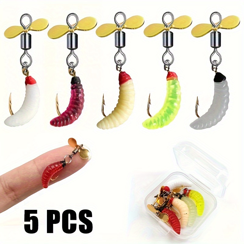 

5pcs, leurres colorés avec des hélices pailletées pour la pêche, appâts pour vers pour la truite, la pêche au bar, ces leurres imitent les insectes et les vers, parfaits pour la pêche au leurre.