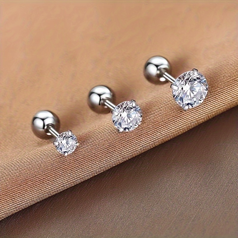 Cubic Zirconia Stud Earrings for Men, Threaded