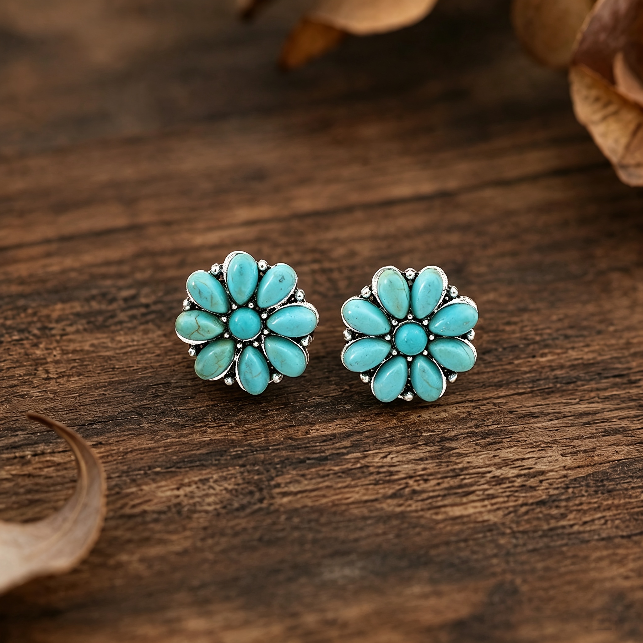 TEMU Vintage Western Style Turquoise Earrings, Stud Earrings With Turquoise , Popular In Europe And America For Valentine's Day, Music Festivals,