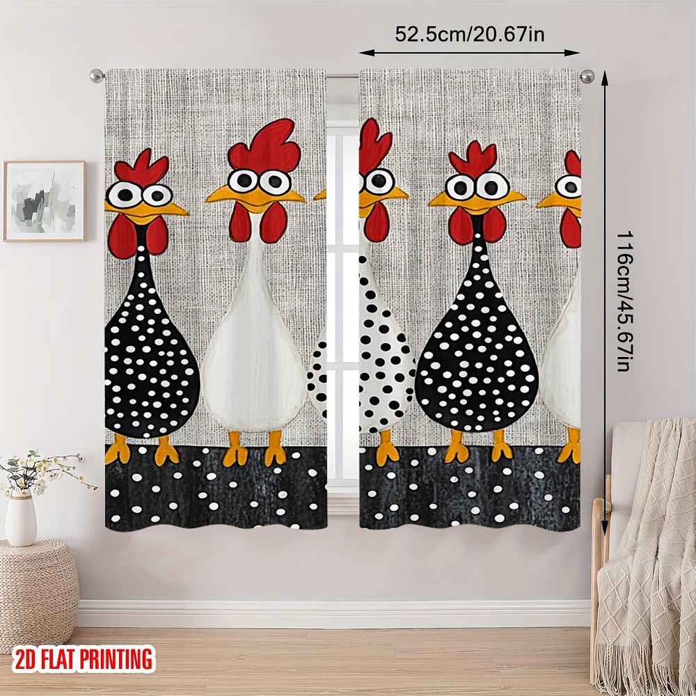 TEMU 2d Flat, 2pcs Stylish Printed Curtains, Polka Dot Chickens Parade Creative Pattern Decor To Enhance Living Room And , 2d Flat