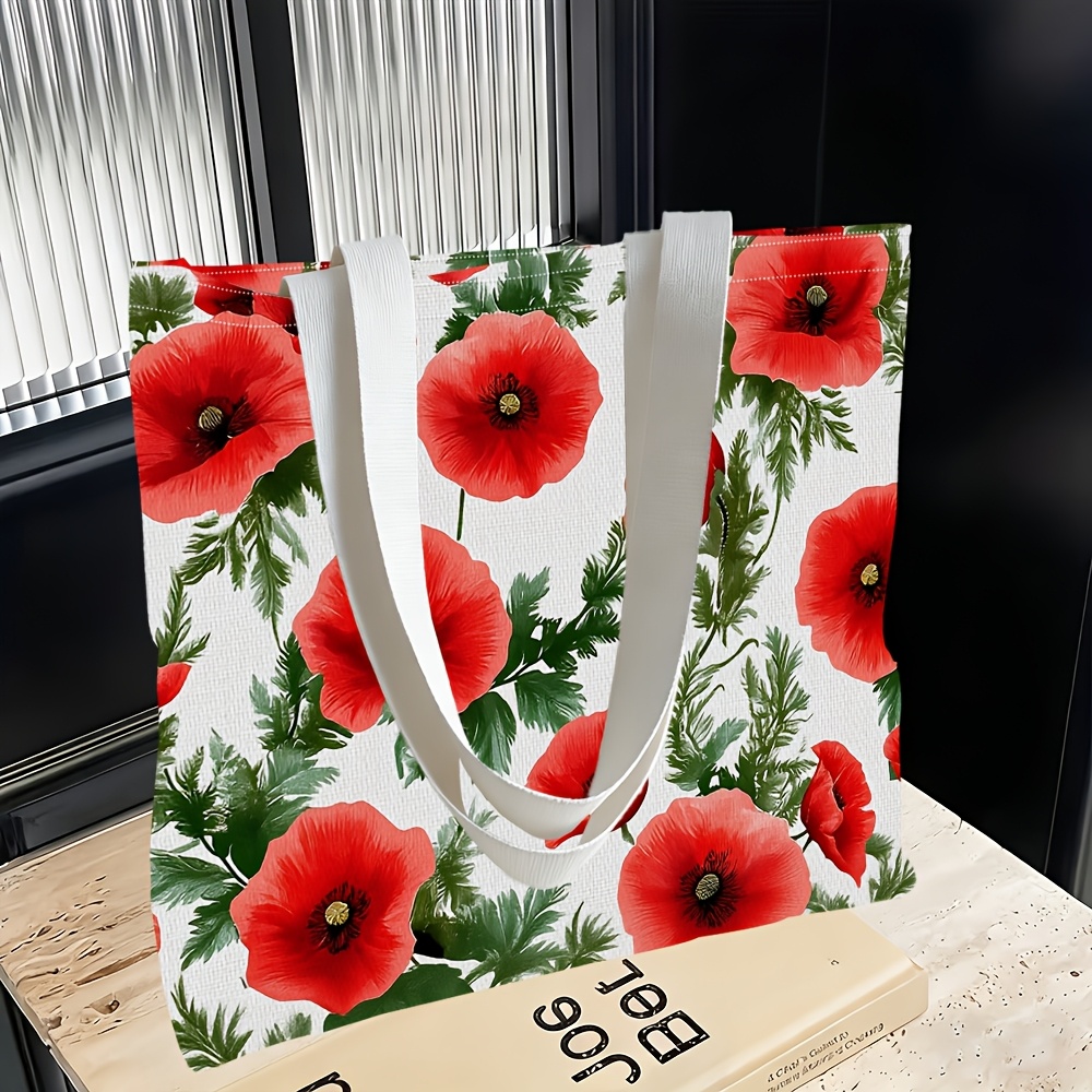 TEMU 1pc, Women'-shoulder Bag With A Red Flower And Green Leaf Background Theme, Multi-functional, Handbag, Clutch, Evening Bag, Travel Essential,