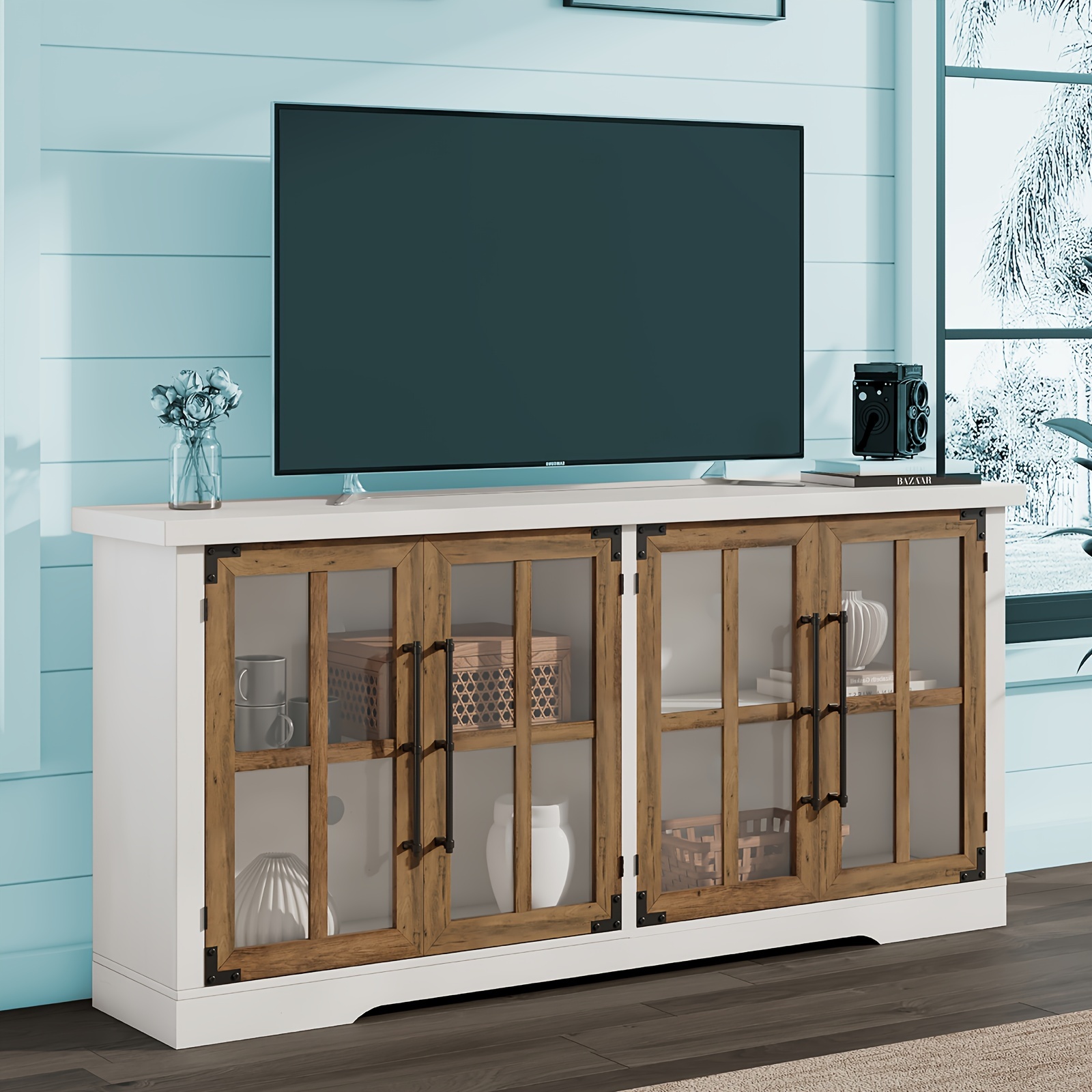 

63" Farmhouse Tv Stand With 4 Glass Doors, Modern Buffet Sideboard Cabinet With Storage And Adjustable Shelf For Tv's Up To 75