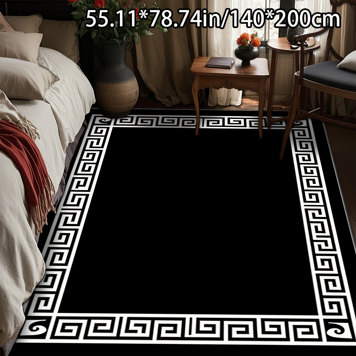 TEMU Adsuvan Rug Suitable For Home Decor - Soft Plush With Non-slip Dotted Plastic Backing, Black & White Meander Border, Jumbo Suitable For Living