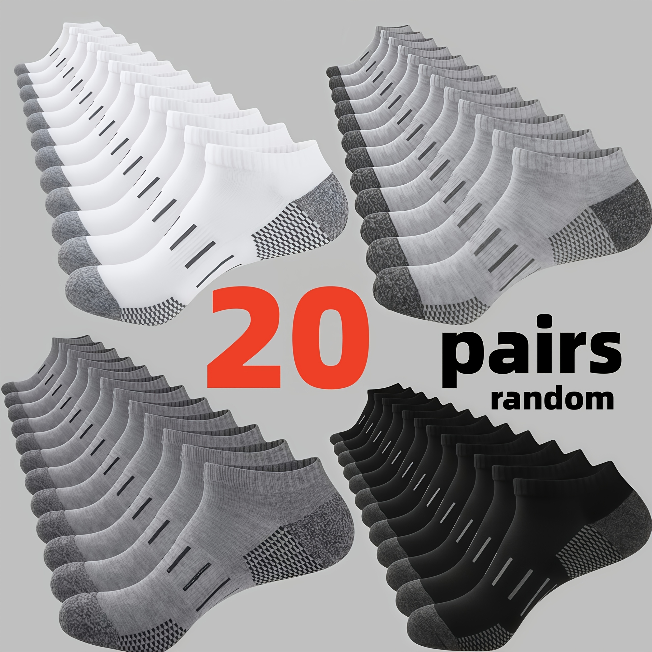 Image of 20 Pairs Unisex Breathable Low-cut Socks, Moisture-wicking Sports Casual Socks, Striped, Ankle-cinching Design, , Black, White, Gray, Dark Gray, With Anti-slip Texture On Top, Random Colors