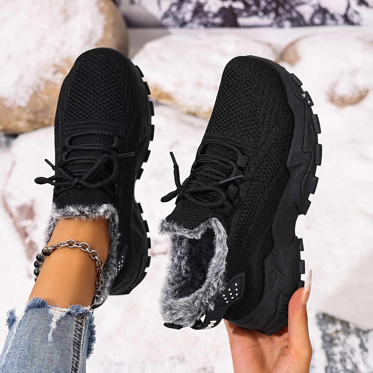 TEMU Affordable Women's Fashion Solid Color Lace-up Sneakers For Winter, Plush Warm Outdoor Running Shoes, Low-top Comfortable Thick-soled Large Size