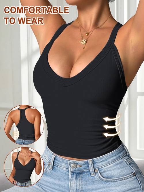 . damen alltags-freizeit-geripptes trägertop mit festem, nicht entfernbarem gepolstertem bh, schmale passform, einfarbiges camisole