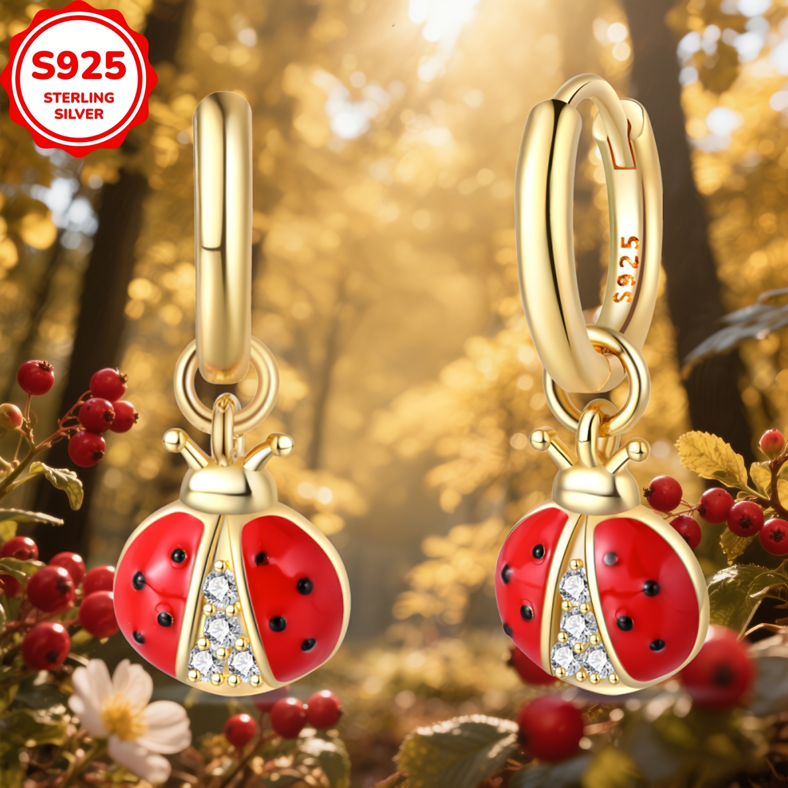 TEMU 925 Sterling Ladybug Dangle Earrings With Sparkling Accents - Birthdays, Valentine's Day, And Festive Occasions, Festive Jewelry|