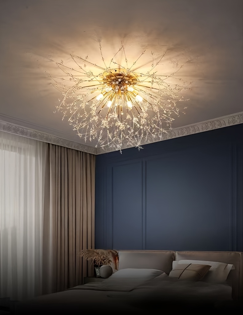 Modern Dandelion-Shaped Crystal LED Ceiling Light with 3-Color Changing Bulbs - Elegant Chandelier for Dining Room, Living Room, or Bedroom - Wall Switch Controlled (Remote Not Included), Bedroom Chandelier | Contemporary Ambiance | Metal Construction, Chandeliers for Ceiling