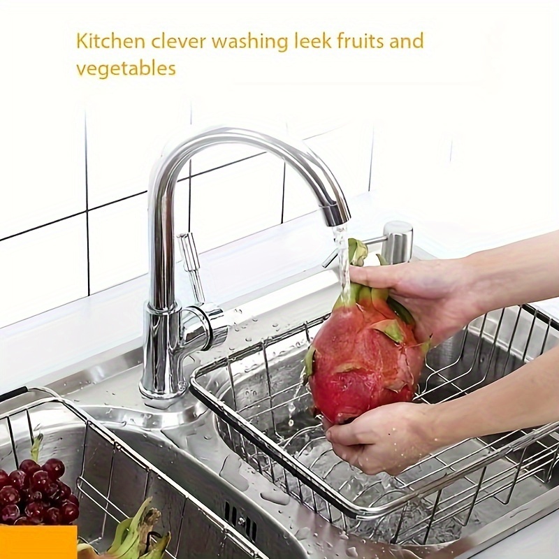 

1pc Adjustable Stainless Steel Over Sink Dish Drying Rack With Extendable Arms, Multifunctional Kitchen Storage Organizer For Drying Vegetables, Fruits, Dishware