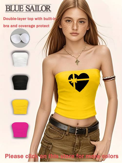 1 top de bustiê off-shoulder y2k para meninas com almofada de soutien incorporada - confortável e elástico, estampa de e cruz, outfit casual para festas de verão e férias, única, top de bustiê, moda confortável, estampa , tecido não transparente